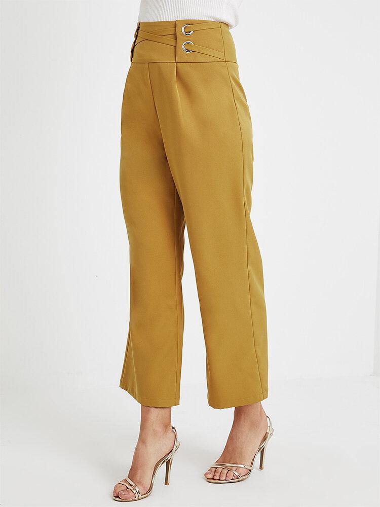 Women Solid Color Cross Design Mid Waist Stylish Casual Flare Pants - Trendha