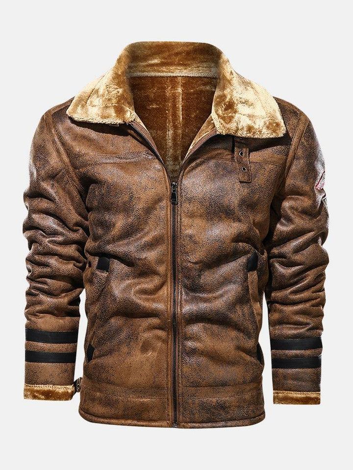 Mens Faux Fur Badge Zip Front Lapel Collar Relaxed Fit Thicken Jackets - Trendha