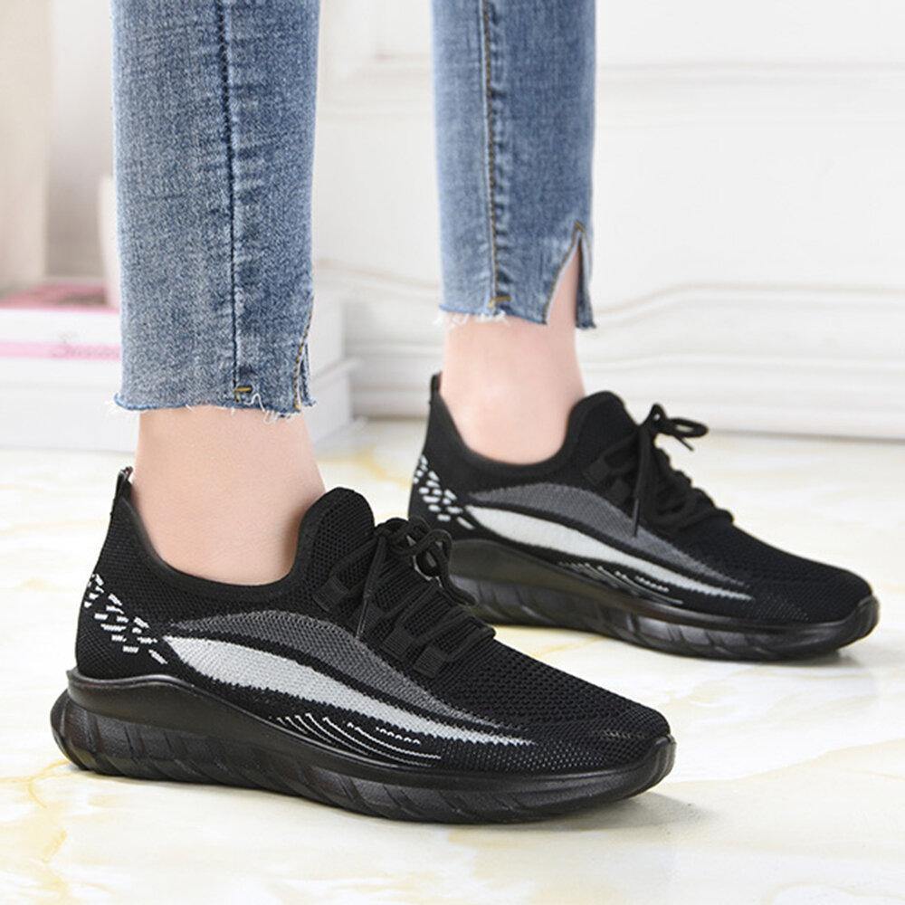 Women Running Knitted Stripe Detail Breathable Slip Resistant Casual Sneakers - Trendha