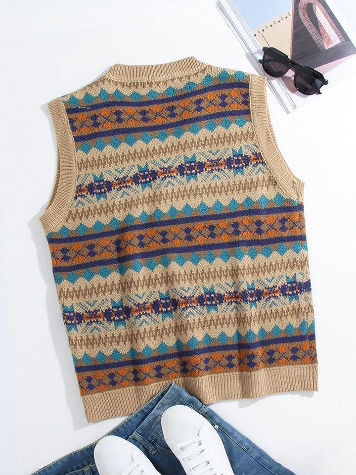 Mens Geometric Graphics Knitted V-Neck Sleeveless Sweater Vests - Trendha