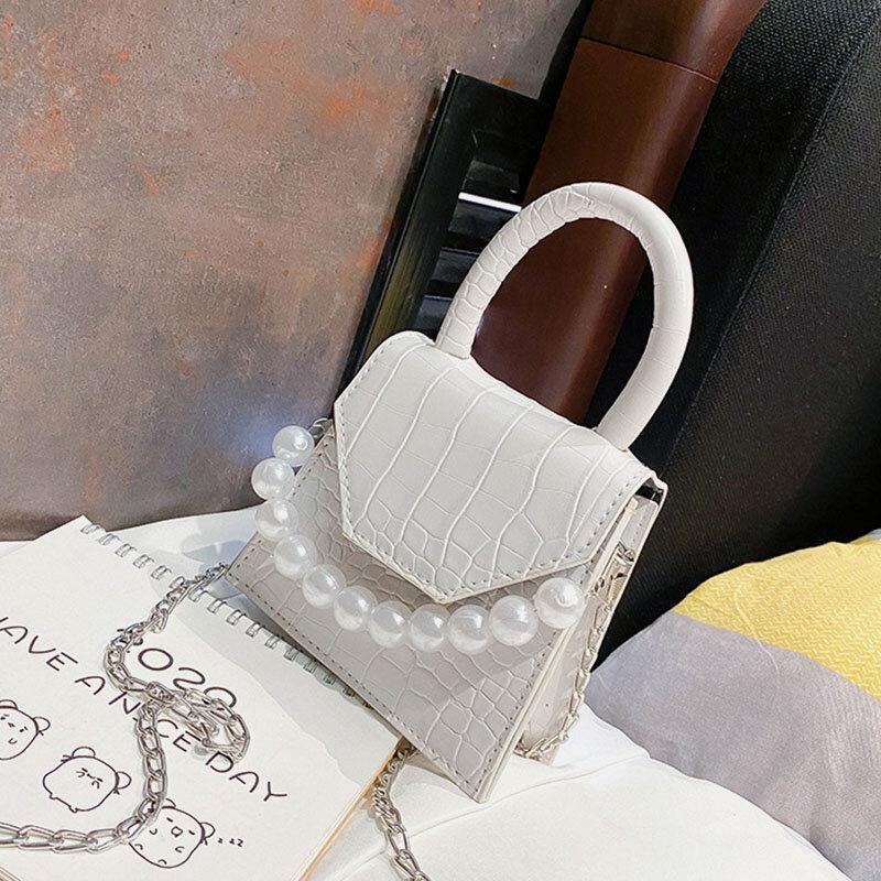 Women Pearls Chain Decor Flap Embossed Snake Pattern Mini Handbag Crossbody Bag Shoulder Bag - Trendha