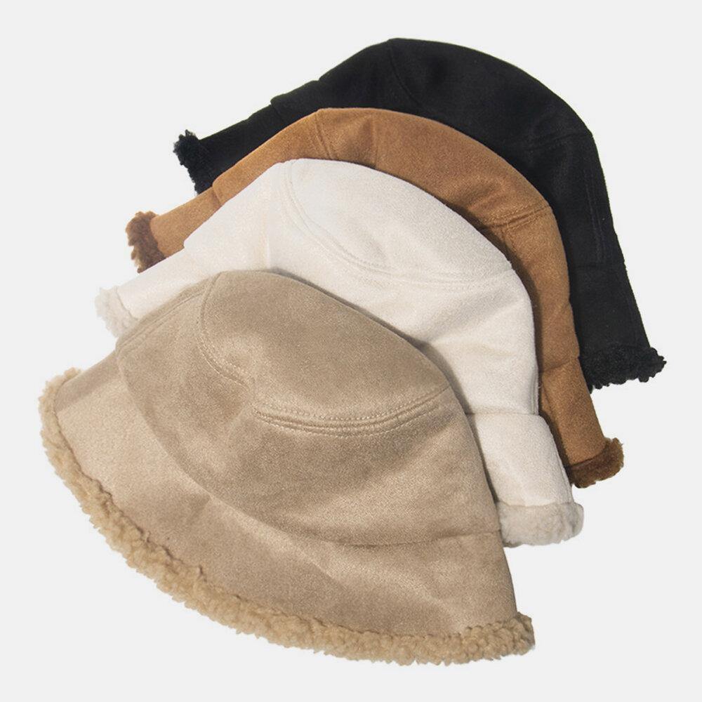 Unisex Lamb Hair Suede Plus Thicken Warm Windproof Soft All-match Bucket Hat - Trendha