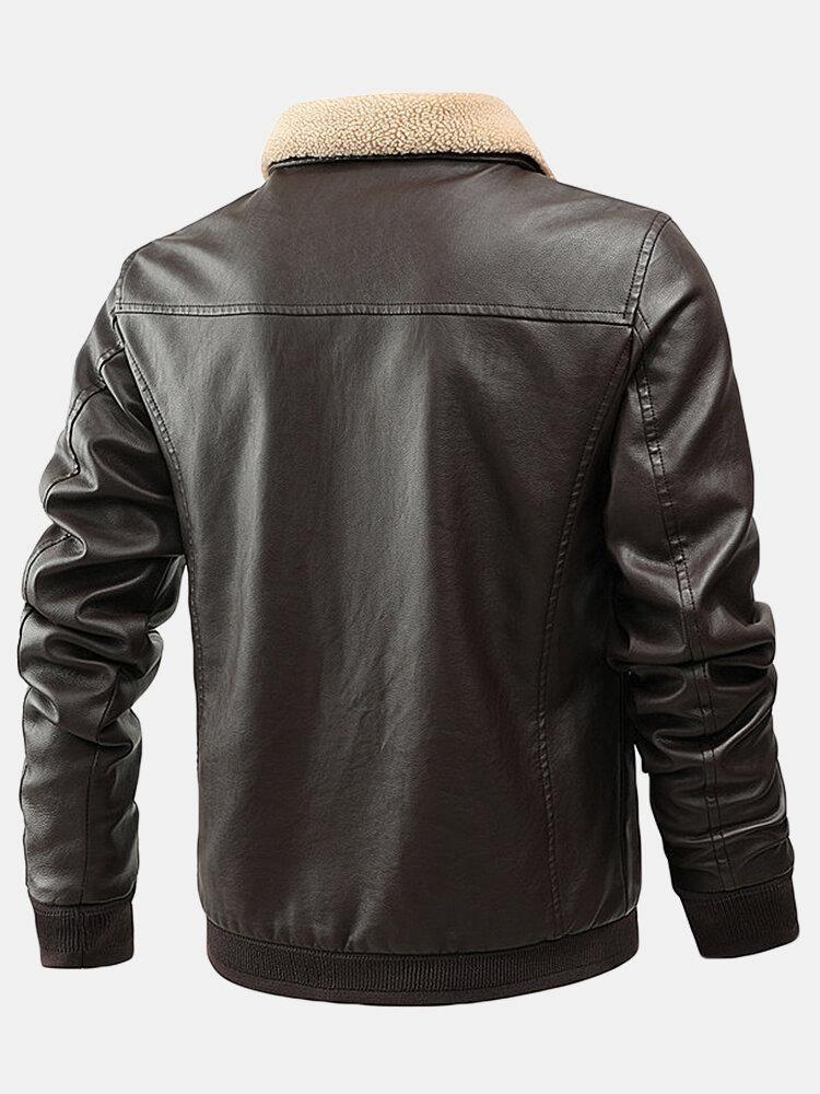 Mens PU Leather Thicken Zip Front Lapel Collar Jackets With Flap Pockets - Trendha