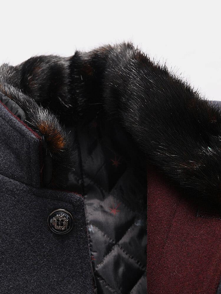 Mens Single Breasted Faux Fur Collar Thick Casual Woolen Trench Coats - Trendha