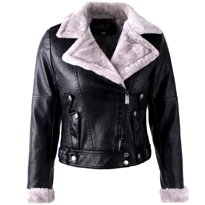 Large Lapel Long Sleeves Plus Velvet Thick Leather Jacket Women - Trendha