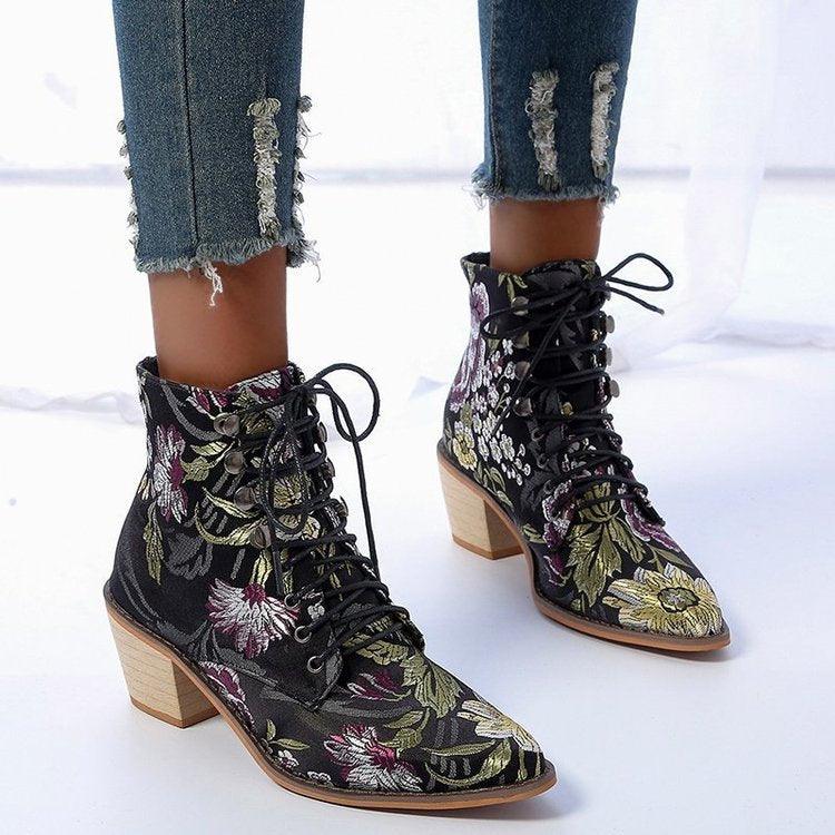 Women's Short Boots with Pointed Thick Heels, Ethnic Style, and Lace Embroidery - Trendha