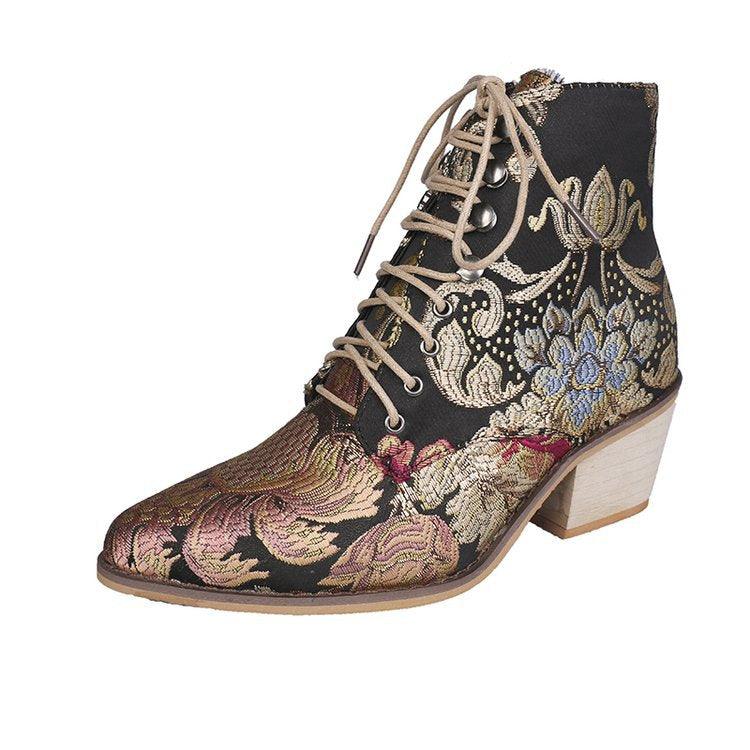 Women's Short Boots with Pointed Thick Heels, Ethnic Style, and Lace Embroidery - Trendha