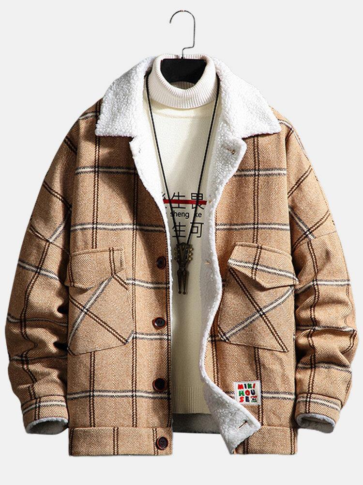 Mens Plaid Button Front Lapel Sherpa Lined Warm Double Pocket Jacket - Trendha
