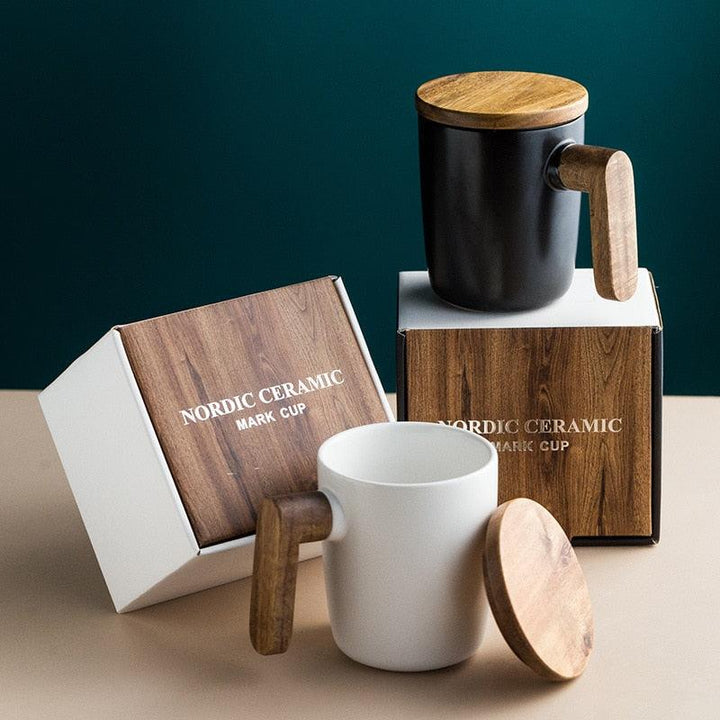 Ceramic Coffee Mug with Wooden Handle and Cover - Trendha