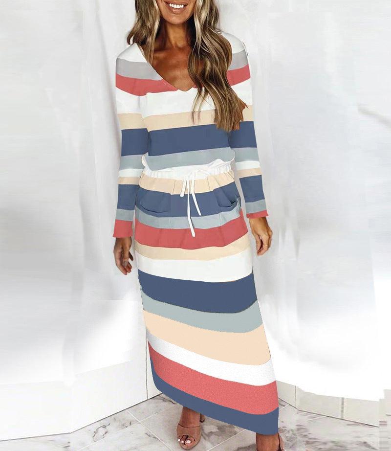 V-neck Loose Print Striped Long-sleeved Dress - Trendha