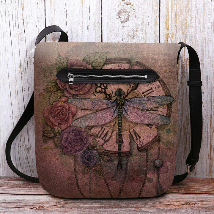 Women Felt Casual Vintage 3D Dragonfly Flower Printing Pattern Crossbody Bag Shoulder Bag - Trendha