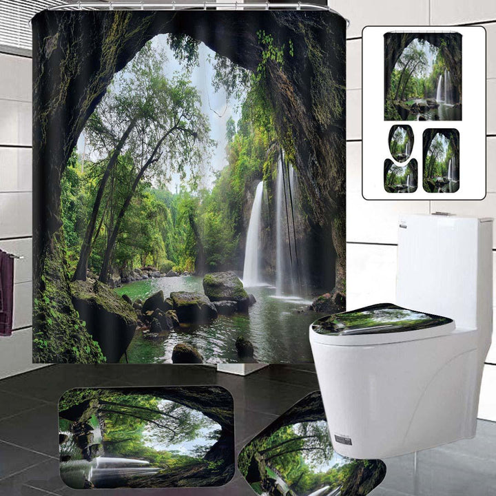 Natural Waterfall Shower Curtain Home Carpet Bathroom Decor Toilet Seat Cover Pedestal Bath Mat Rugs Set - Trendha