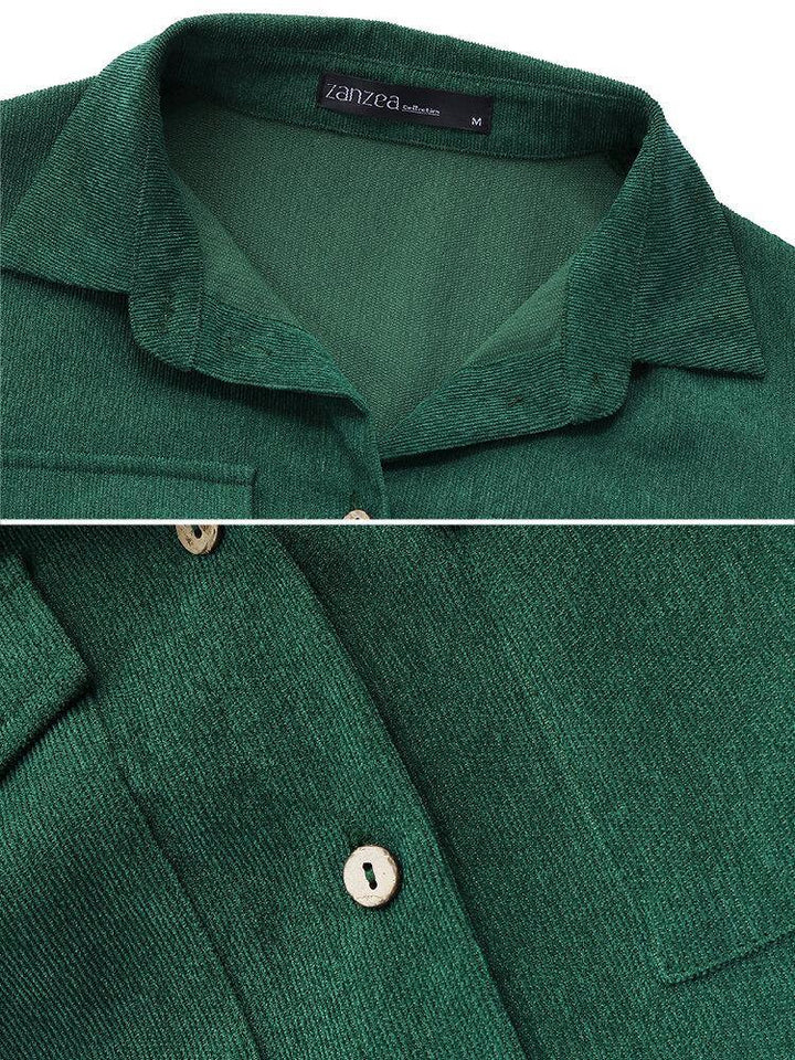 Women Corduroy Solid Color Button Up Lapel Long Sleeve Shirt Dress With Flap Pocket - Trendha