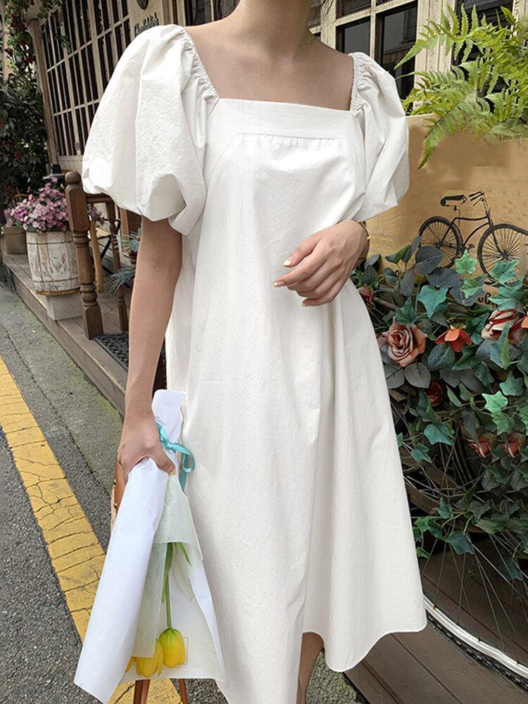 Puff Sleeve Square Collar Plain Solid Color Casual Midi Dress With Pocket - Trendha
