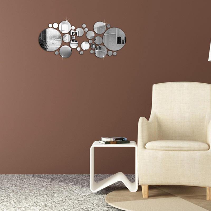 Honana DX-Y4 28Pcs Cute Silver DIY Circle Mirror Wall Stickers Home Wall Bedroom Office Decor - Trendha