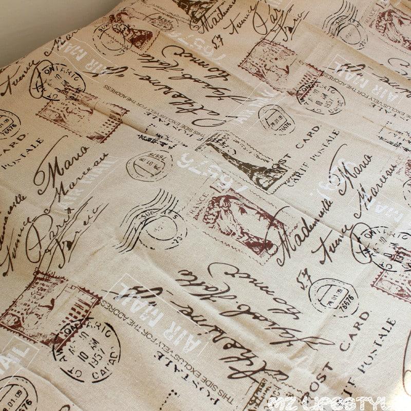 Natural Linen Beige Tablecloth with Postage Stamps Themed Print - Trendha